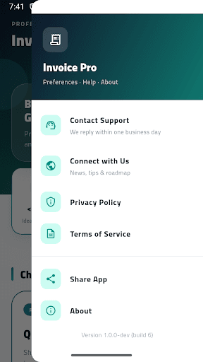 Menu — support, connect, privacy, and share