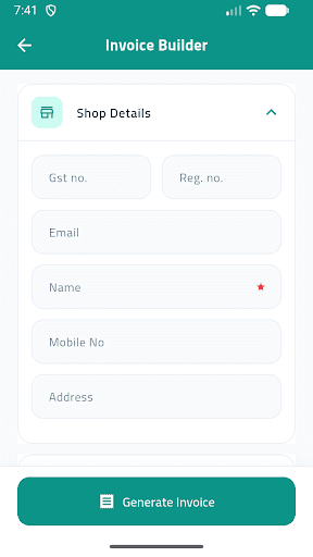 Invoice Builder — enter shop details