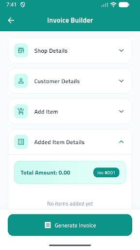 Invoice Builder — shop, customer, and item sections