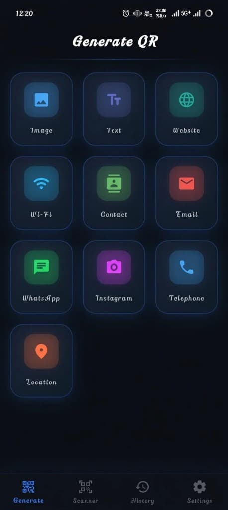 Generate QR home screen with QR type options