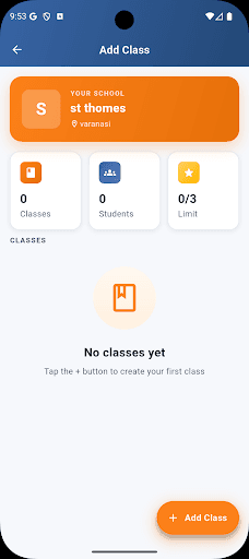Add Class — school dashboard with classes, students, and limit