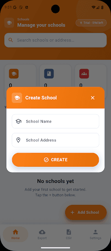 Create School — add a new school with name and address