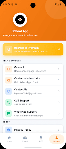Settings — account, support, and premium upgrade