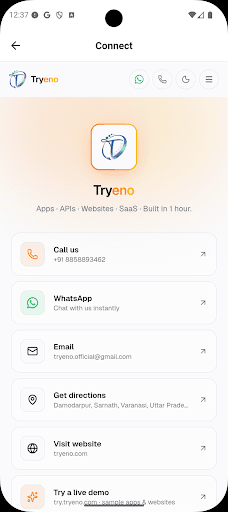 Connect — call, WhatsApp, email, and live demo links