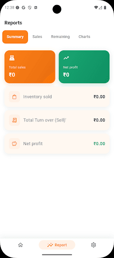 Reports — total sales, net profit, and turnover summary