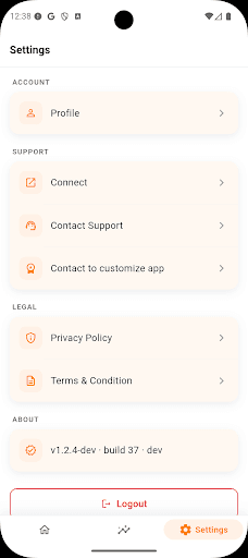 Settings — profile, support, and account options