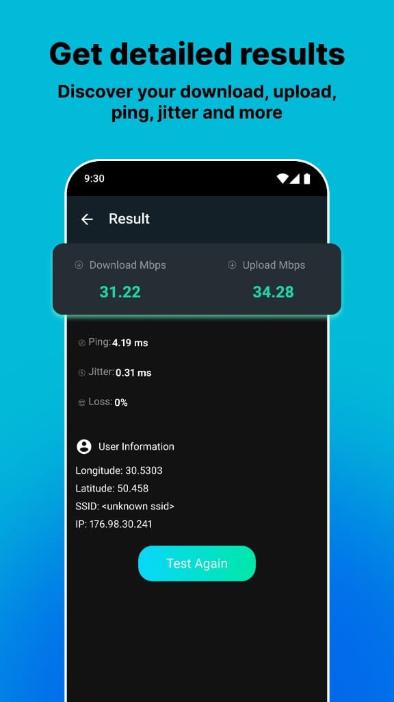 Detailed results — ping, jitter, loss, and more